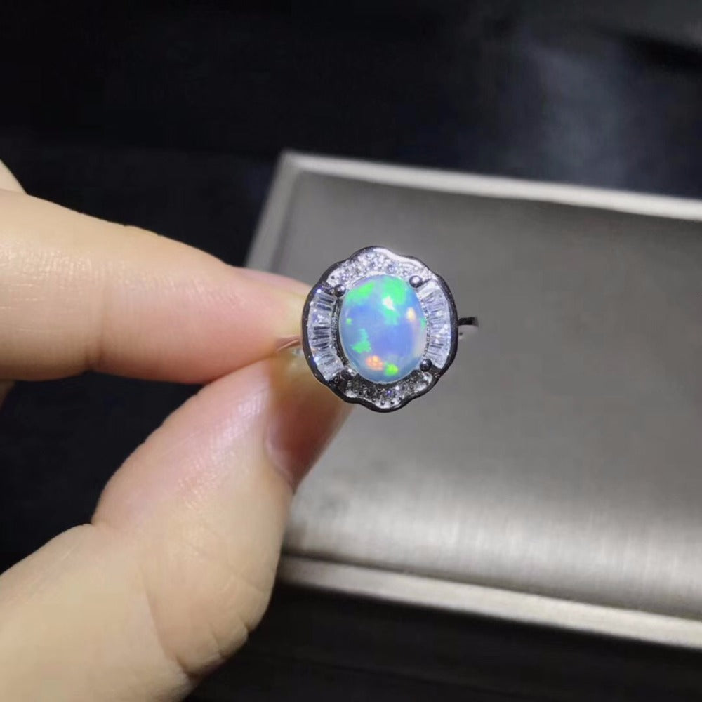 Natural opal woman rings change fire color mysterious 925 silver adjustable size