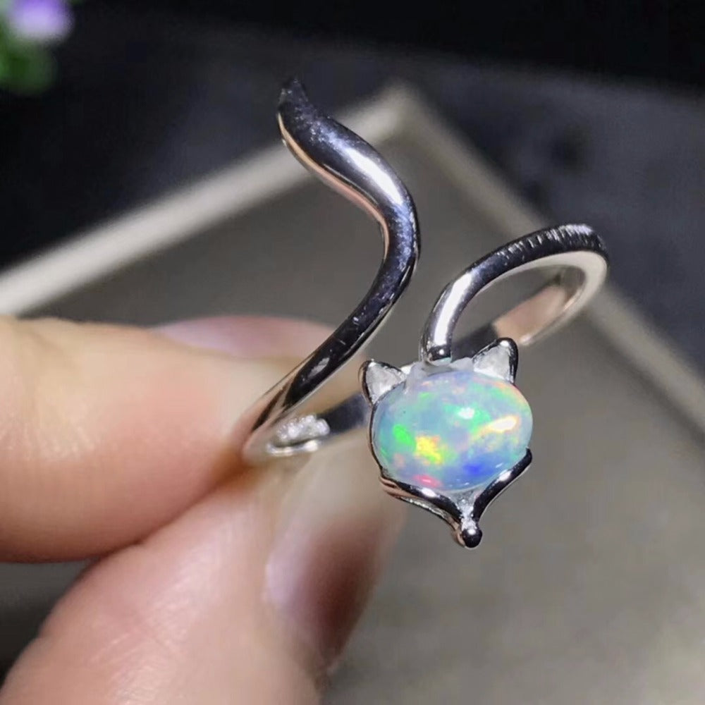 Natural opal woman rings change fire color mysterious 925 silver adjustable size