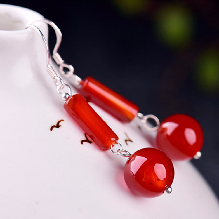 Natural red agate long coin retro Earrings classical accessories accessories earrings