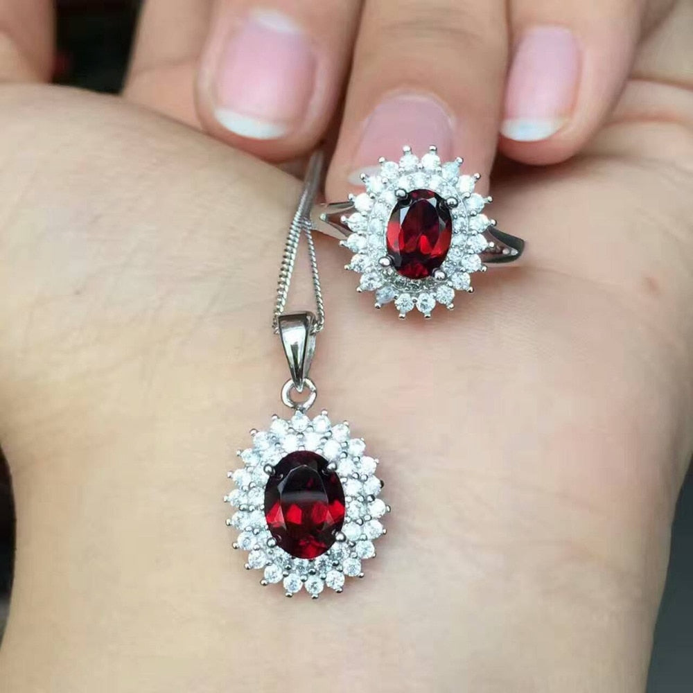 Natural red garnet gem jewelry sets natural gemstone Pendant ring 925 silver Elegant round Diana women anniversary jewelry