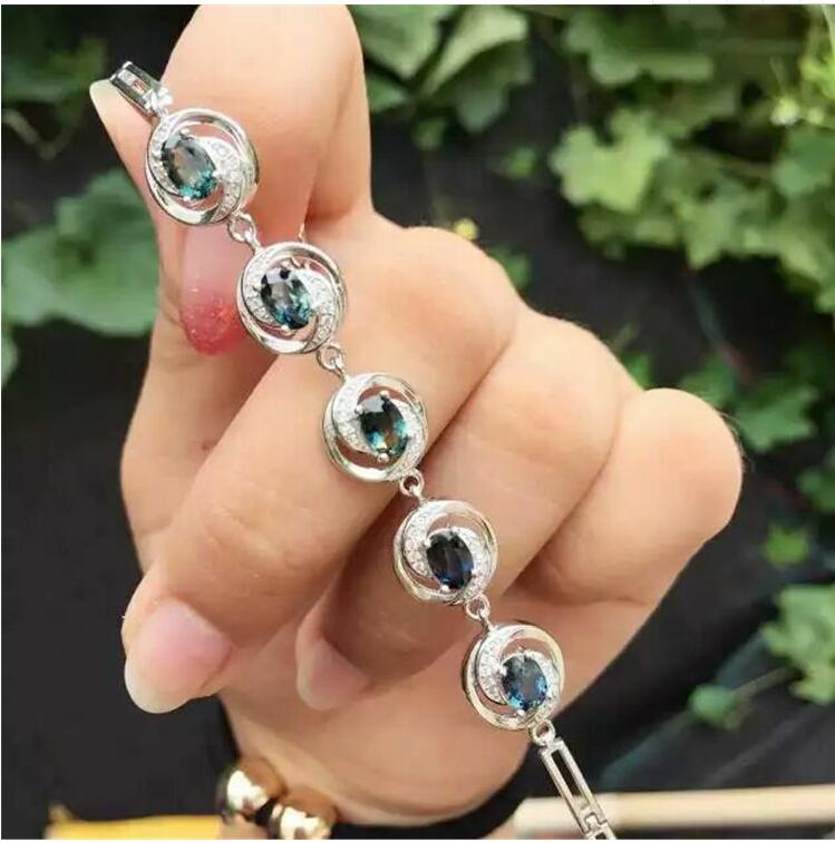 Natural sapphire chain bracelet Free shipping Natural original blue sapphire 925 sterling silver 4*6mm 5pcs
