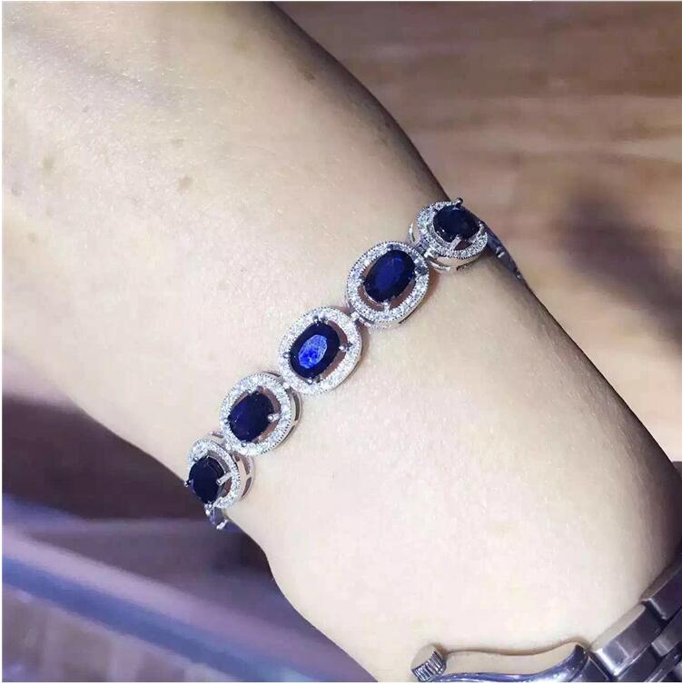 Natural sapphire chain bracelet Free shipping Natural original blue sapphire 925 sterling silver 4*6mm 5pcs