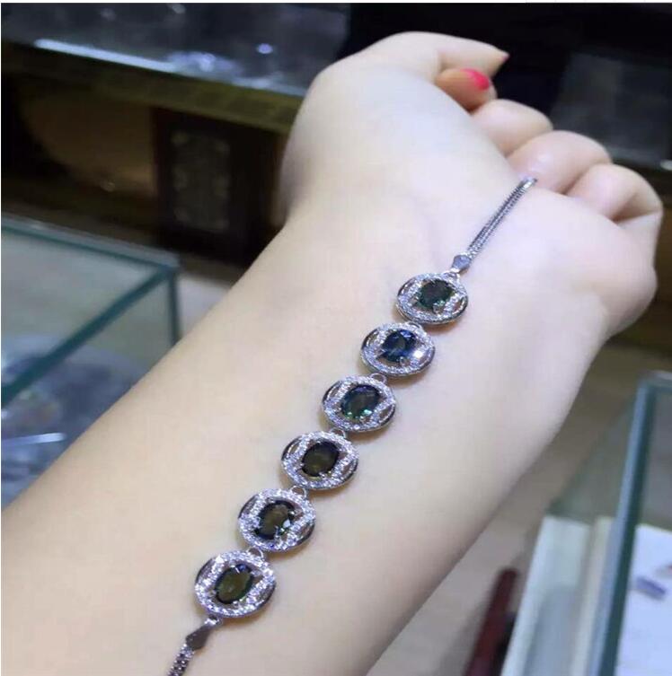 Natural sapphire chain bracelet Free shipping Natural original blue sapphire 925 sterling silver 4*6mm 6pcs