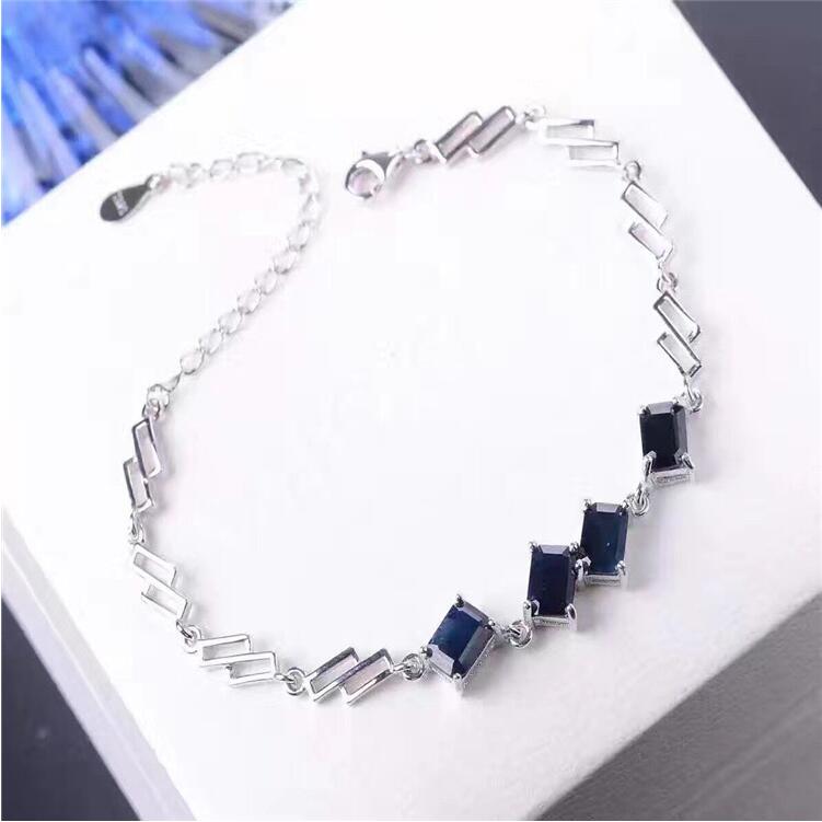 Natural sapphire chain bracelet Free shipping Natural original blue sapphire 925 sterling silver 5*7mm 4pcs