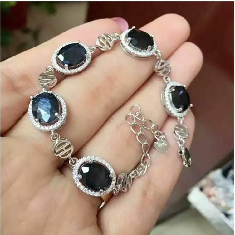 Natural sapphire chain bracelet Free shipping Natural original blue sapphire 925 sterling silver 7mm 5pcs