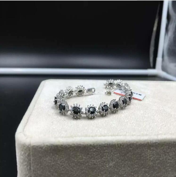 Natural sapphire chain bracelet Free shipping Natural real green sapphire 925 sterling silver Fine jewelry 4*6mm 15pcs