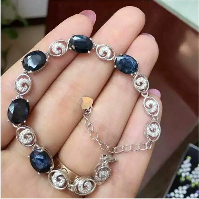 Natural sapphire chain bracelet Free shipping Natural real green sapphire 925 sterling silver Fine jewelry 7*9mm 5pcs