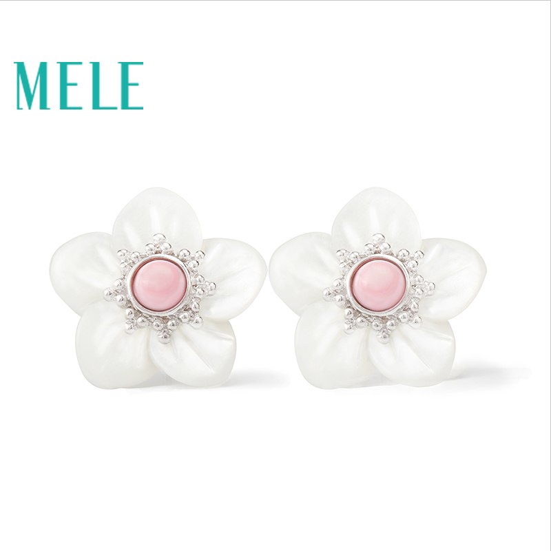 Natural shell real 925 silver stud earrings for women,flower fashion trendy and popular,semi-precious stone