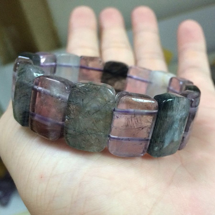 Natural stone beads bracelet : green Rutilated quartz & amethyst stone bangle for woman for man   !