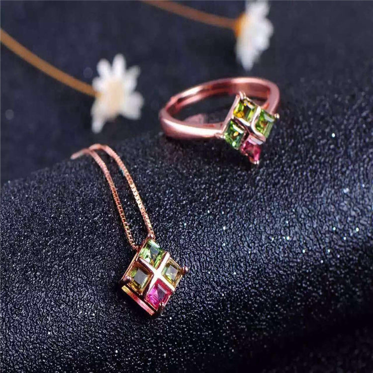 Natural tourmaline 925 Silver Jewelry Pendant + ring set of natural gemstones