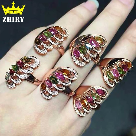 Natural tourmaline gems ring Genuine 925 sterling silver women stone rings ZHHIRY