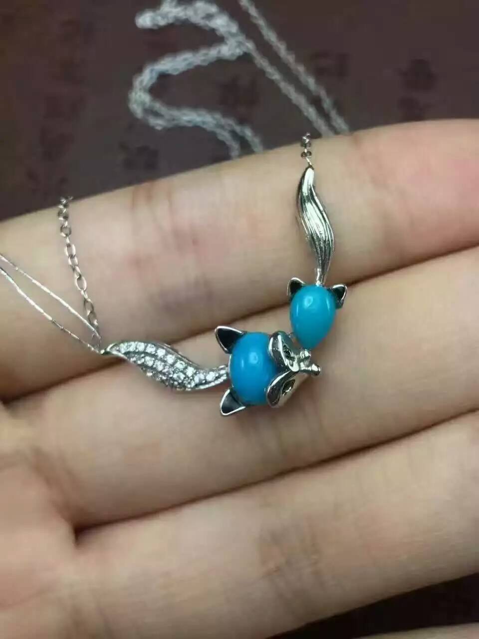 Natural turquoise Necklace natural opal Pendant Necklace S925 Sterling silver trendy elegant Cute little fox Girl party Jewelry