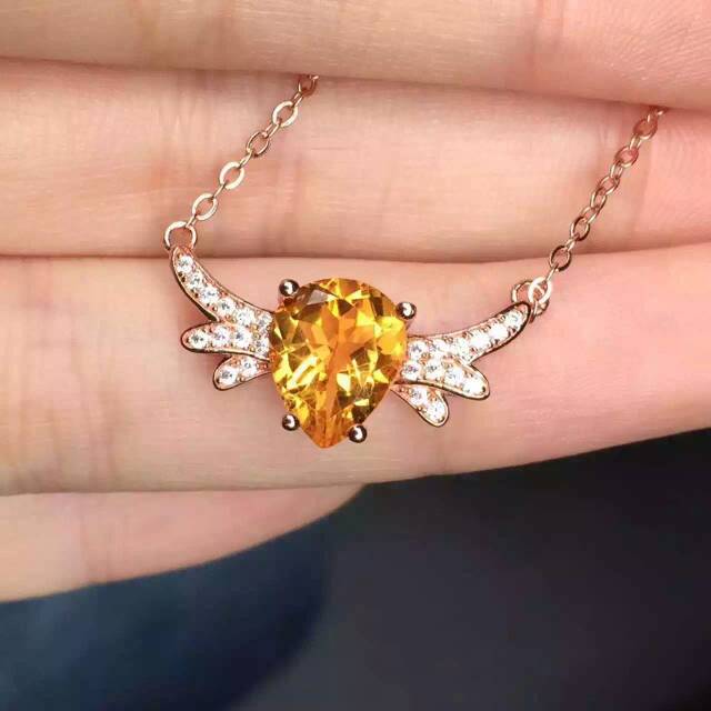 Natural yellow crystal Necklace natural citrine Pendant Necklace S925 silver Fashion Elegant Angel wings women party Jewelry