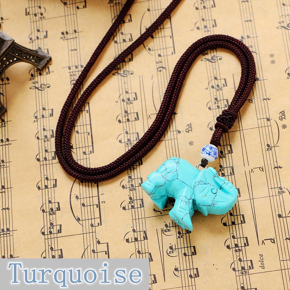 Nature Agate Elephant Necklace Women Men Charm Rope Chain Crystals Pendant Best Friend Trendy Malachite Tiger Eye Opal Necklace