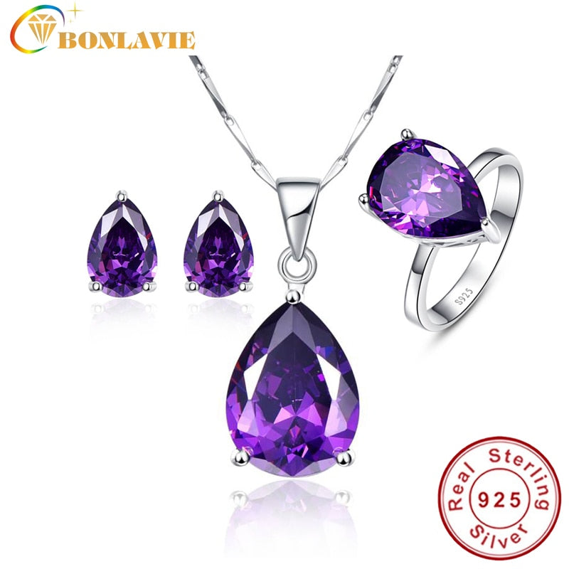 Nature Amethyst Water Drop Shape Bridal Wedding Jewelry Sets 925 Sterling Silver Jewelry Earrings Ring Necklaces Jewelry Set