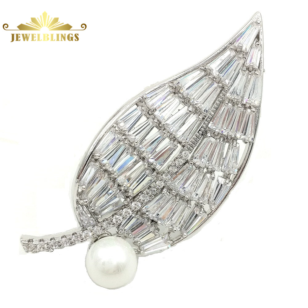 Nature Vintage Baguette Cut CZ Clear Leaf Brooches Siler Tone Mother of Pearl Deco layered CZ leaf Pin Broach for Plant Jewelry
