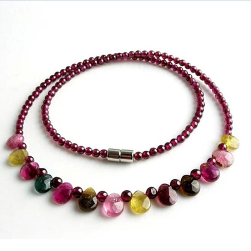 Necklace Bracelet Set Natural Red Garnet Bracelet Spaced Multi Color Tourmaline Beads Bracelet For Women Magnetic Clasp