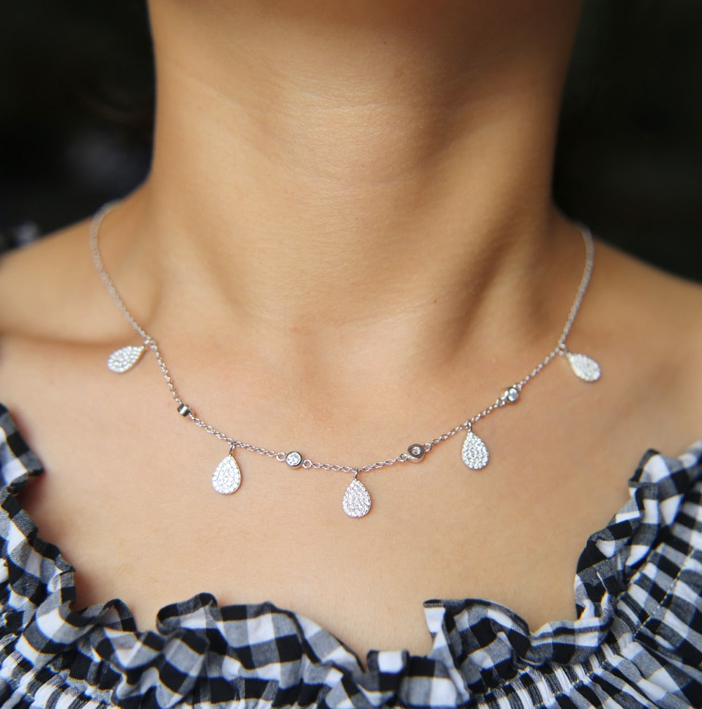Necklace-Collar-100-925-sterling-silver-top-quality-delicate-CZ-lovely-water-drop-charm-elegance-Adorable