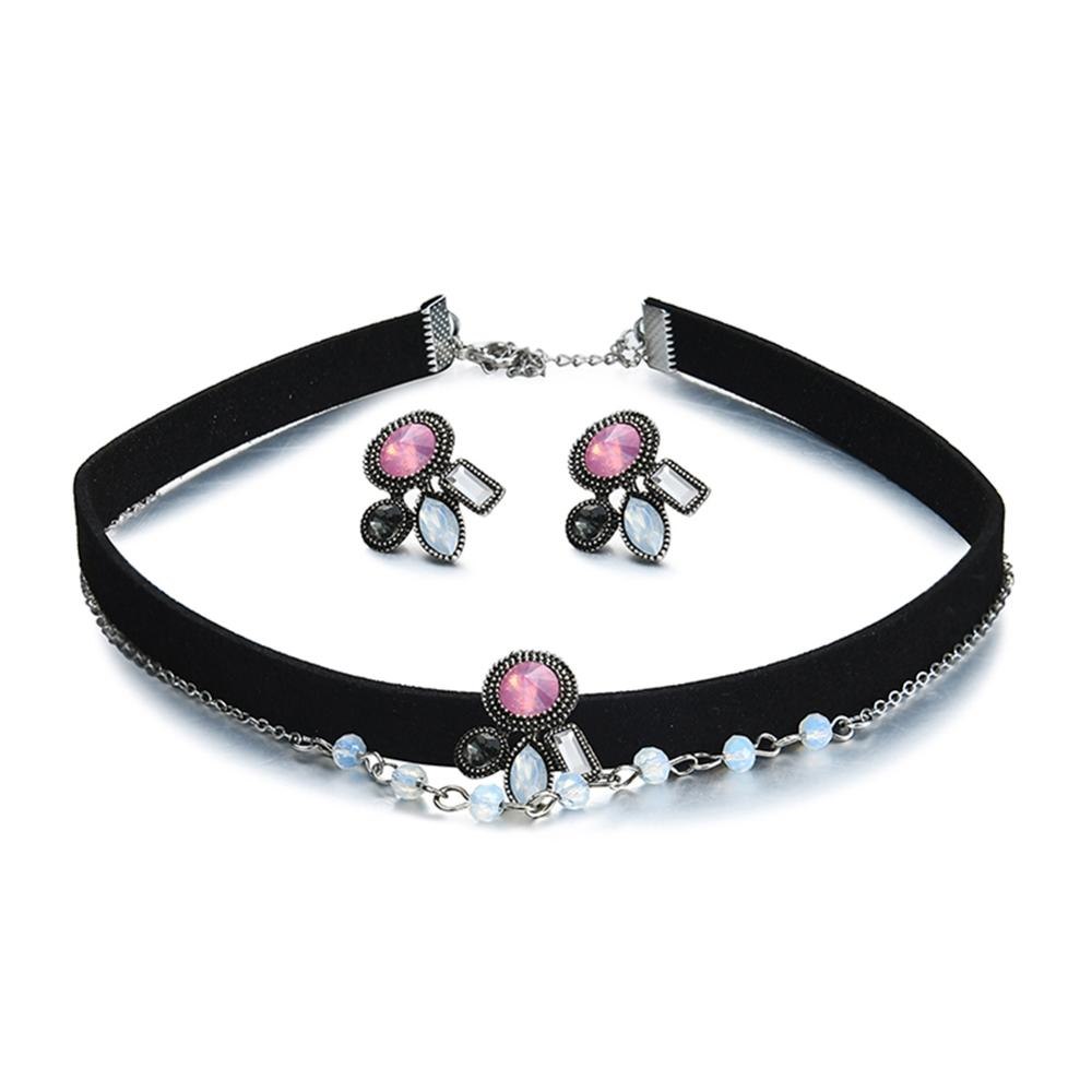 Necklace Earring Sets Women Choker Opal Statement Jewelry Set Gothic Black Velvet Crystal Fashion Collar 2020 New Hot