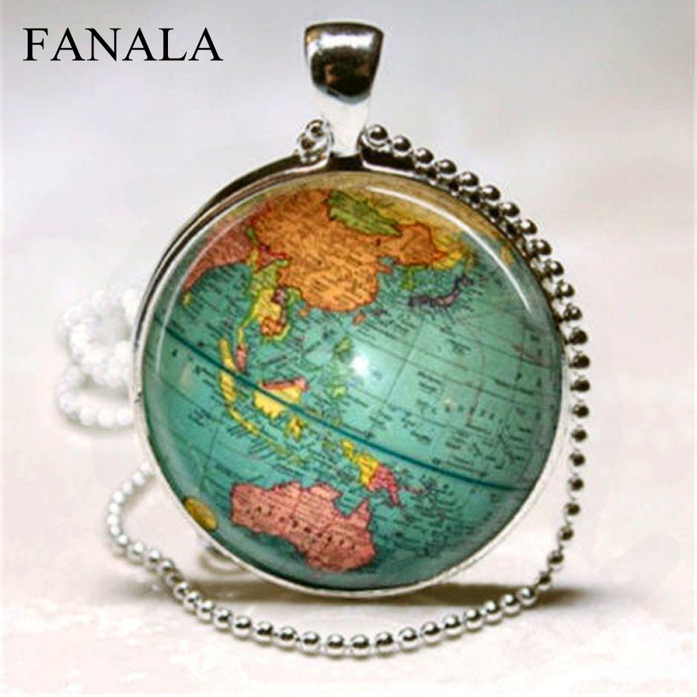 Necklace Fashion Color Map Silver Long Choker Necklace Pendant Statement Cabochon Chain Glass Women Vintage Gift Jewelry Glass