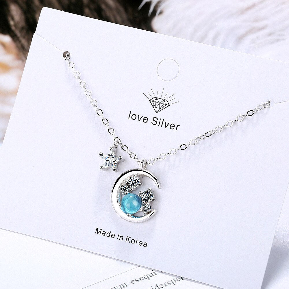 Necklace For Women Blue Crystal Moon Pendant 925 Stamp Korean Chain Vintage  Quality Fine Jewelry  GaaBou