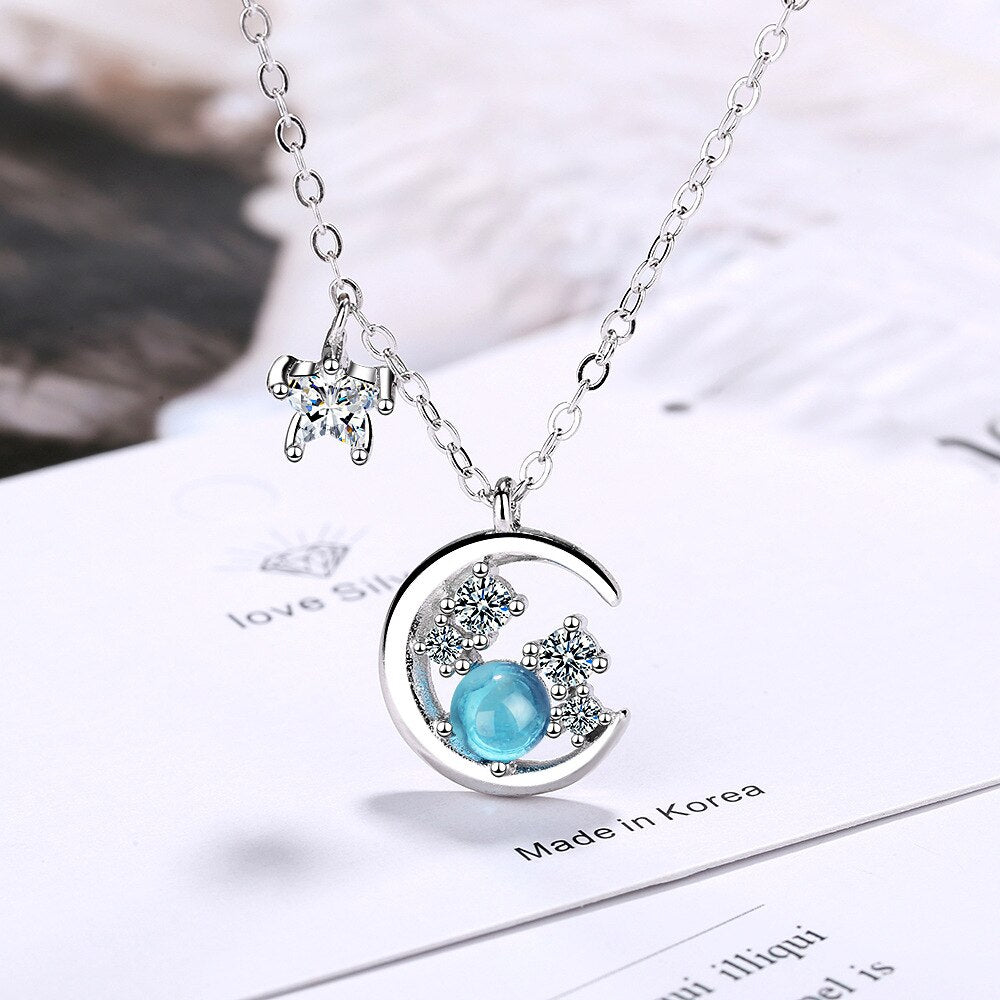 Necklace For Women Blue Crystal Moon Pendant 925 Stamp Korean Chain Vintage  Quality Fine Jewelry  GaaBou