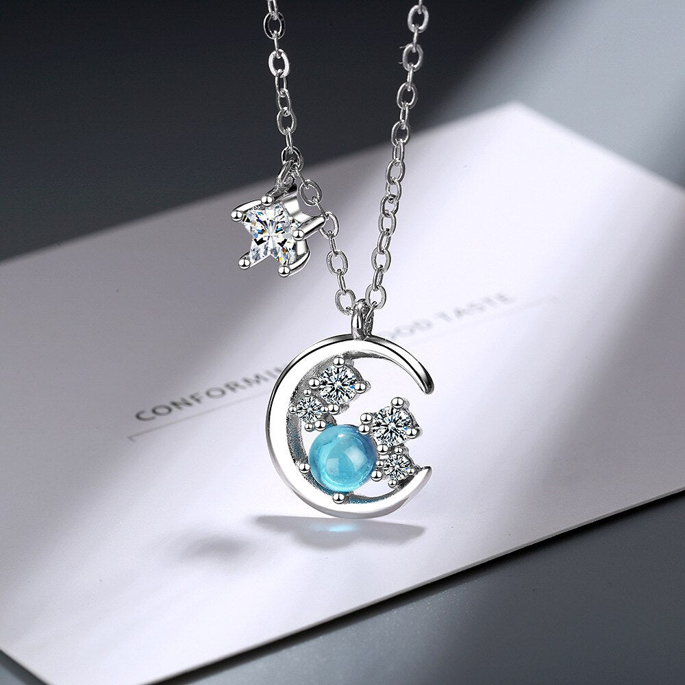 Necklace For Women Blue Crystal Moon Pendant 925 Stamp Korean Chain Vintage  Quality Fine Jewelry  GaaBou