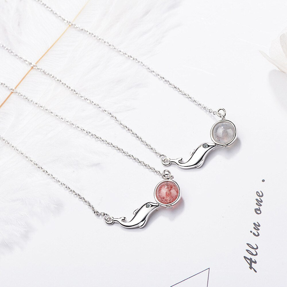 Necklace For Women Dolphin Strawberry Crystal Pendant 925 Stamp Silver Color Korean Chain Vintage  Quality Jewelry