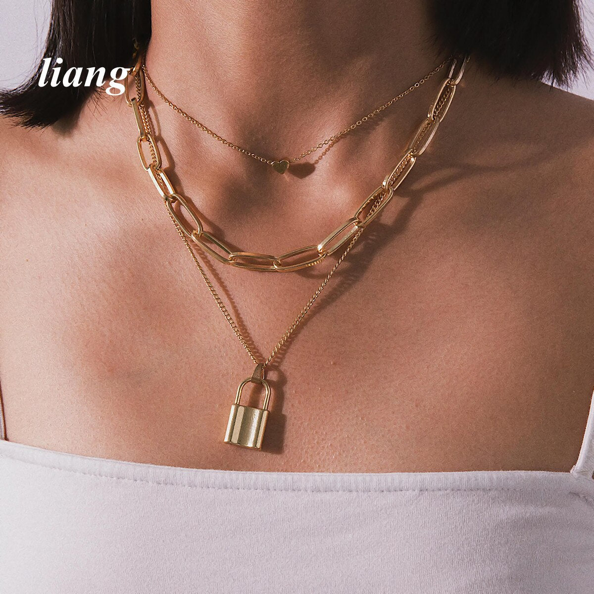 Necklace For Women Goth Jewelry чокер Hip-hop Exaggerated Thick Chain Women's Multilayer lock-shaped Love Necklace Sweater Chain