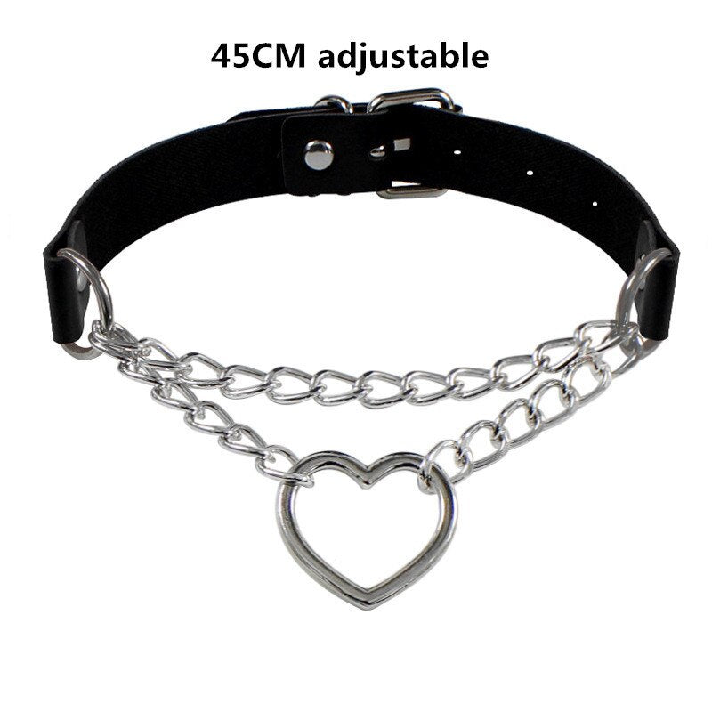 Necklace For Women Jewelry Choker Chain On The Neck Metal Heart Pendants PU Leather Black Gothic Punk Hip Hop Cosplay Sexy Gift