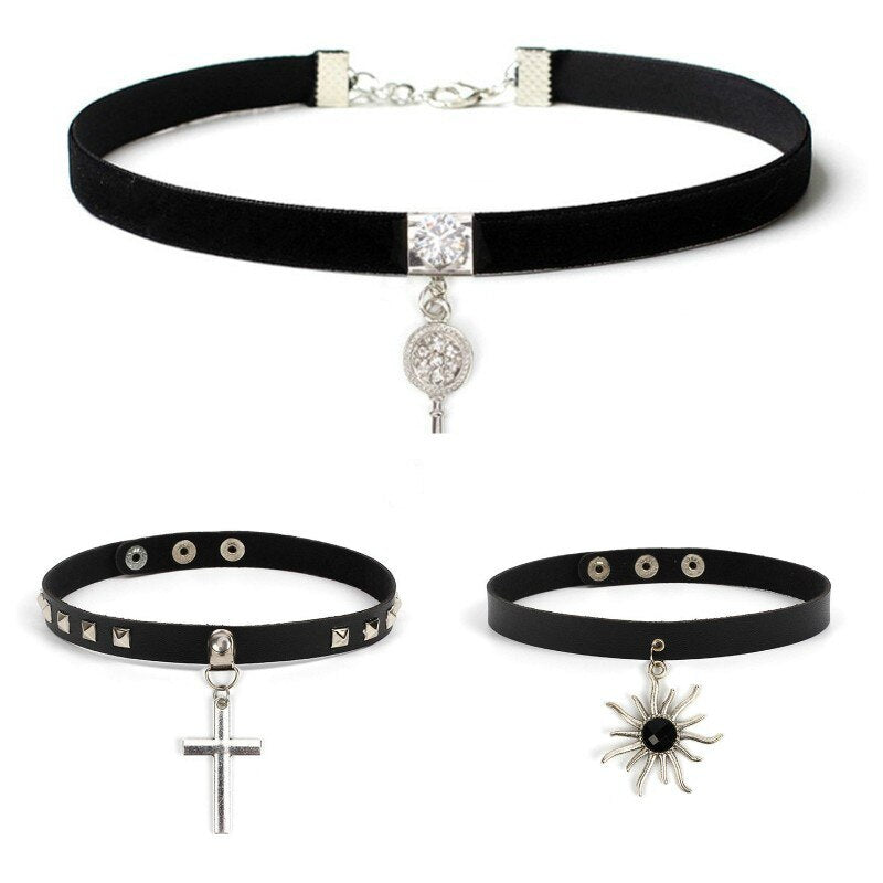 Necklace Rock Punk  Jewelry Spike Choker Gothic PU Leather Cross Sun Key Heart Necklace Women Collar