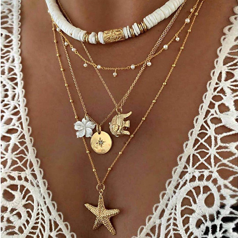 Necklace for Women Antique Round Soft Pottery Elephant Clavicle Chain Flower Starfish Multilayer Necklace Jewelry