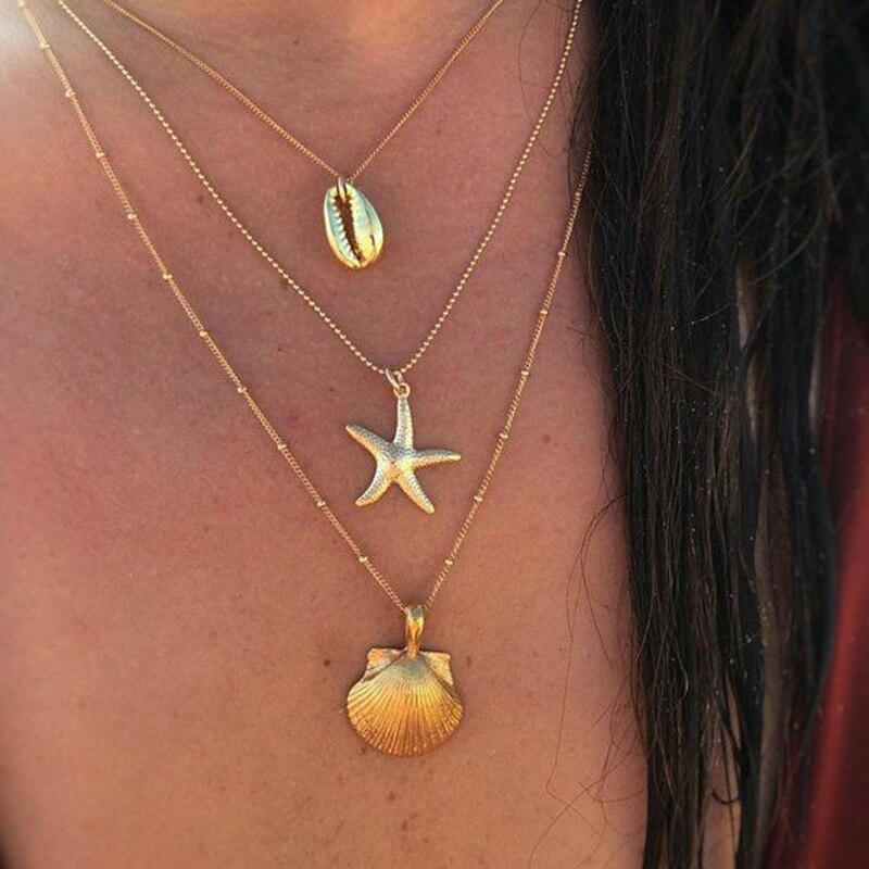 Necklace for Women Soft Pottery Starfish Shell Pendant Necklace Retro Multilayer Necklaces Jewelry