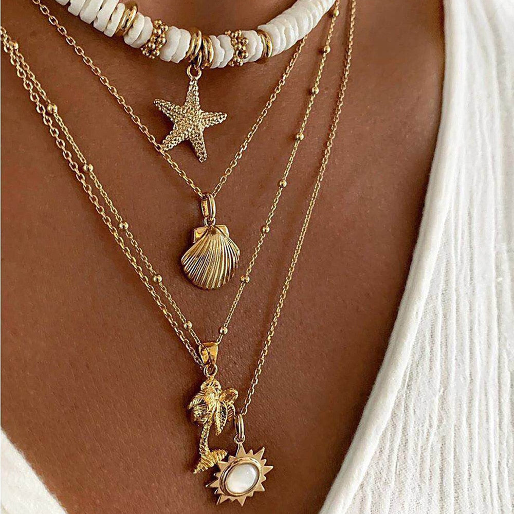 Necklace for Women Soft Pottery Starfish Shell Pendant Necklace Retro Sun Multilayer Necklaces Jewelry
