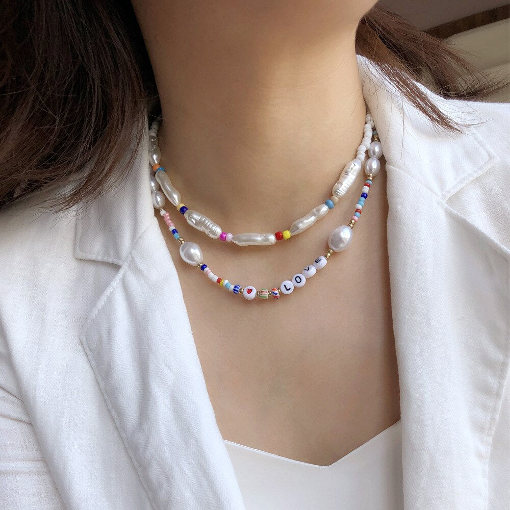 Necklace for Women Letter Pearl Bead Choker Bohemia Multilayer Women Necklace Jewelry Accessories