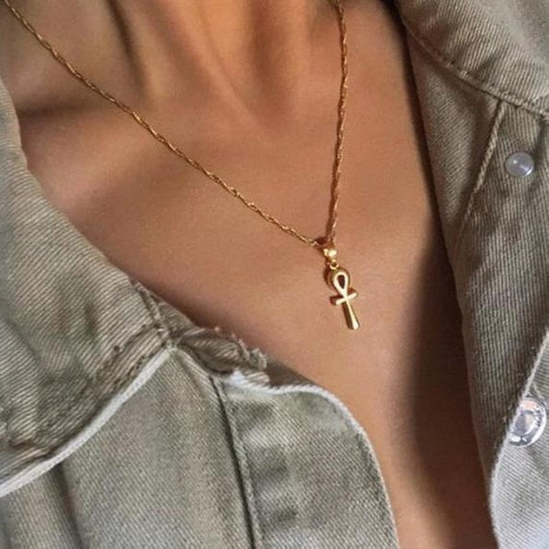 Necklaces Jewelry Simple Women Necklace Chain Egypt Cross Pendant Ladies Lovers Silver Color Vintage European Zinc Alloy Collier