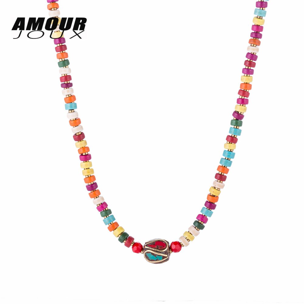 Nepal Stone Charm Necklace For Women Colorful Stone Beaded Chain Choker Bohemian Necklaces For Women Female Ethnic Jewelry