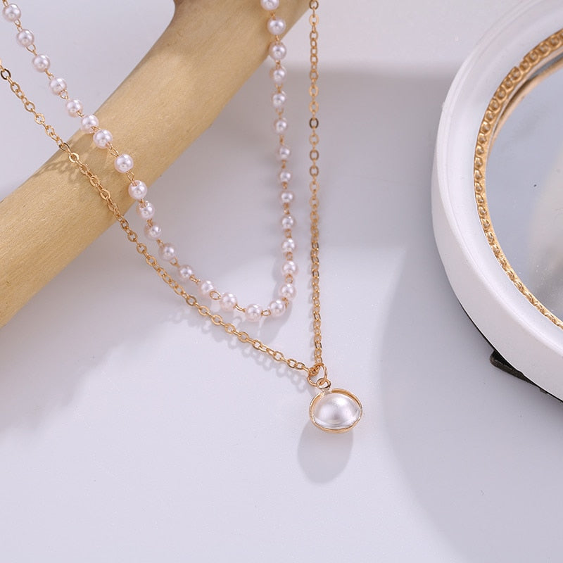 Net red simple neck jewelry necklace women's short double pearl temperament all-match clavicle chain