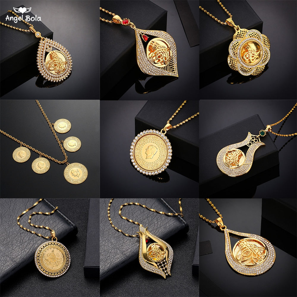 Never Faded Big Size Turkey Coin Pendant &amp; Necklaces with AAA Crystal for Women Gold Color Turkish Coins Jewelry Ethnic Gifts