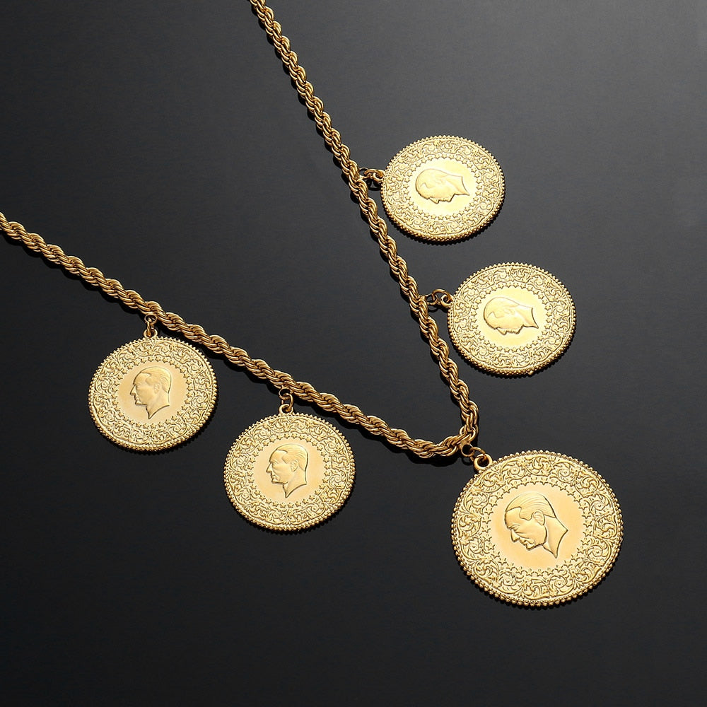 Never Faded Big Size Turkey Coin Pendant &amp; Necklaces with AAA Crystal for Women Gold Color Turkish Coins Jewelry Ethnic Gifts