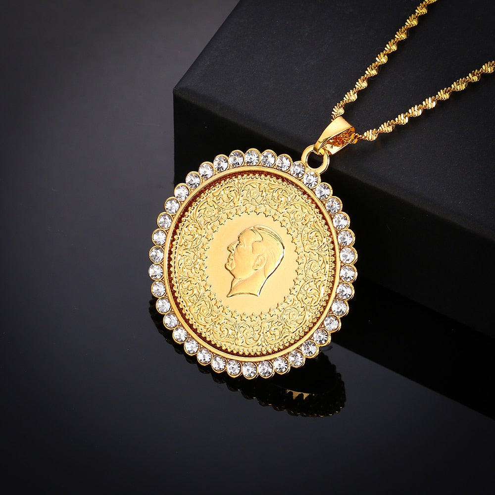 Never Faded Big Size Turkey Coin Pendant &amp; Necklaces with AAA Crystal for Women Gold Color Turkish Coins Jewelry Ethnic Gifts