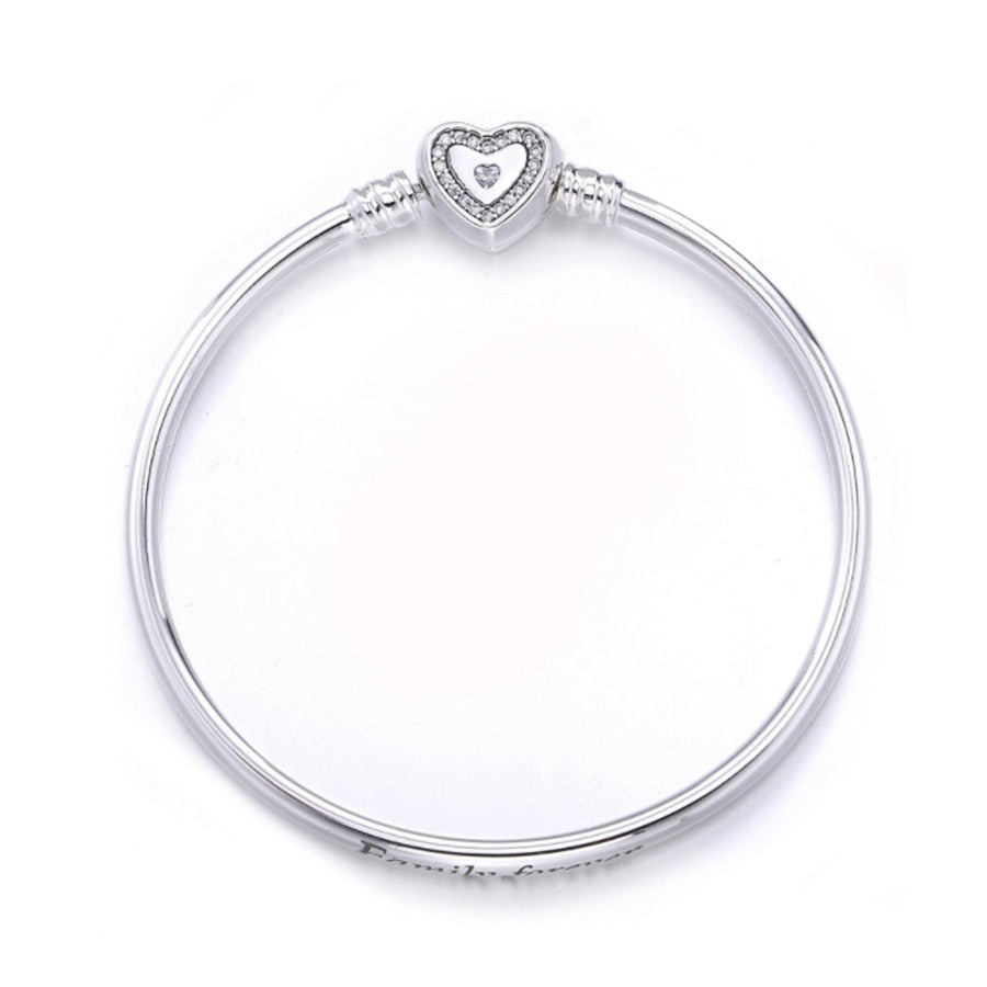 New 100% 925 Sterling Silver Bangle With CZ Love Heart Bangle Family Forever for Women Bead Charm Bracelet pan DIY Jewelry