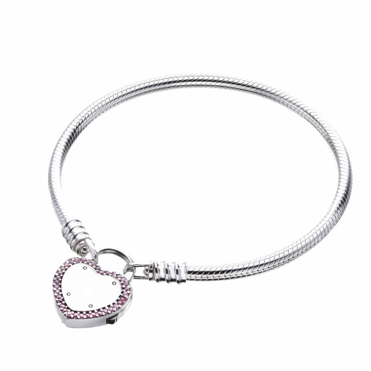 New 100% Real 925 Sterling silver Heart Shaped Lock Pink CZ Snake Chain Original pan Charm Bracelet For Women pandora Jewelry