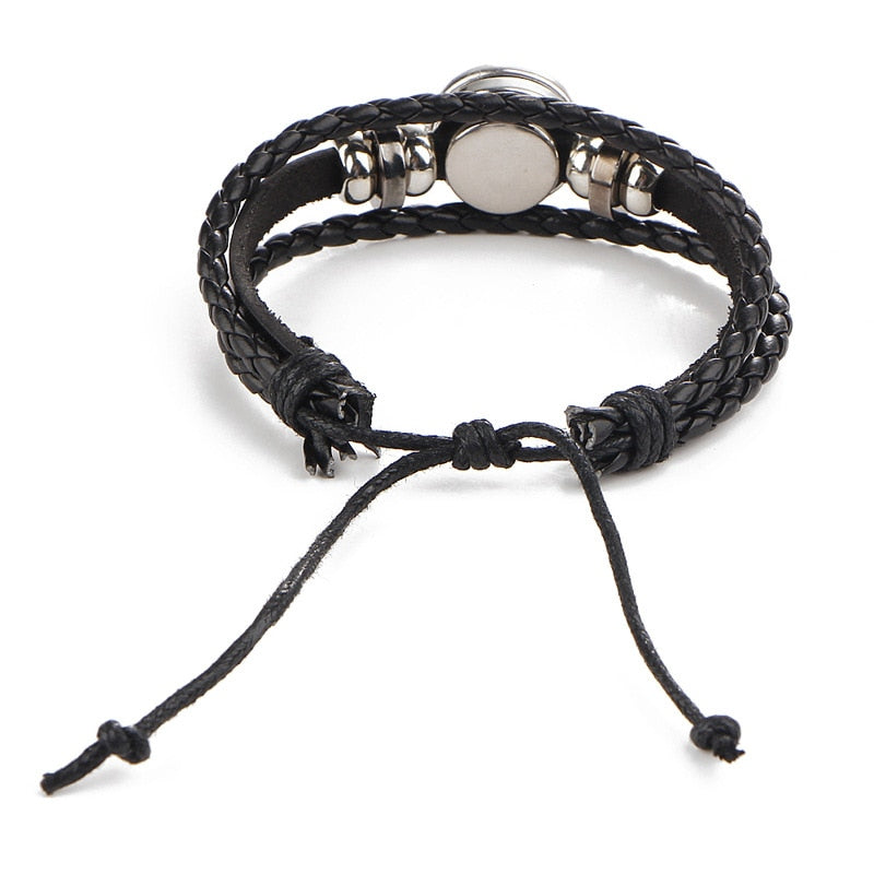 12 Constellation Zodiac Sign Black Braided Leather Bracelet Leo Taurus Gemini Woven Glass Dome Jewelry Men Women Bracelet