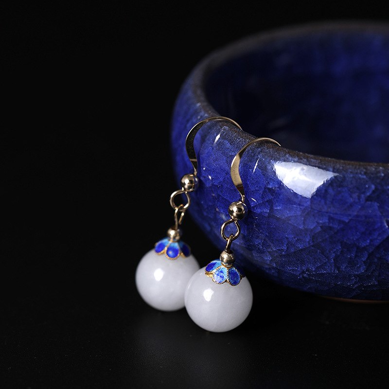 New 14K rolled gold cloisonne natural white jade earrings designer original earrings works for women wild 2020 charms jewelry