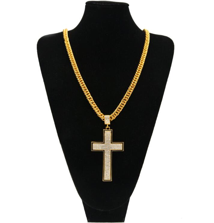 New 2020 Hop Cross Pendant Gold/Silver Color Full Bling Rhinestones Vintage Crystal Chain Men Necklaces&Pendants Jewelry