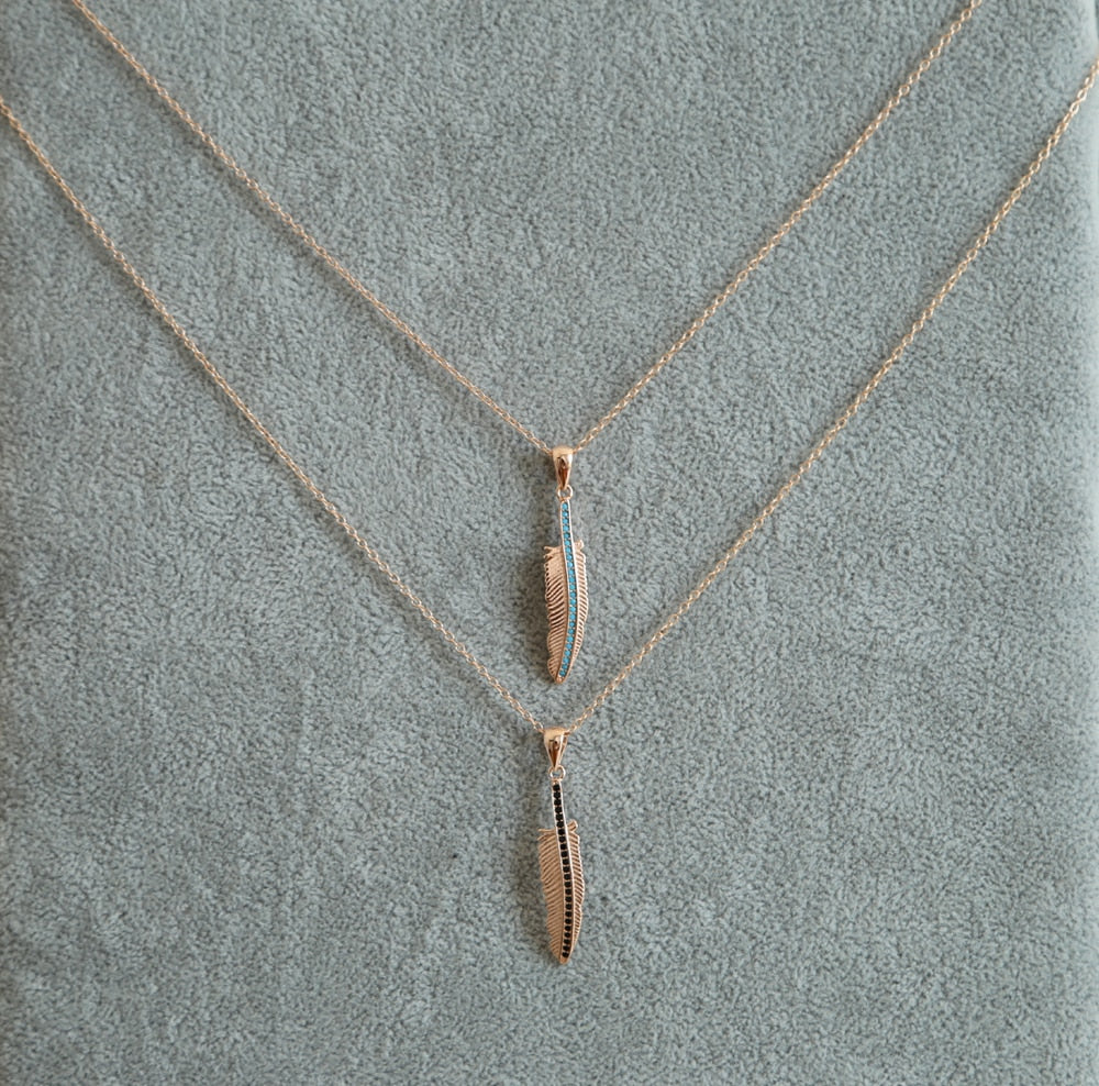 New 2020 Rose Gold Color black blue cz turqoises Luxury Feather Angel wings Long Necklaces Pendants 925 silver Jewelry for women