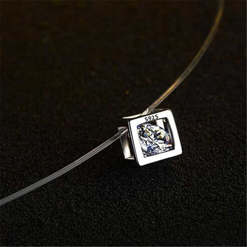 New 2020 Creative Simple Design Charms Transparent Fishing Line 925 Sterling Silver Square Zircon Necklace For Women Colar N154