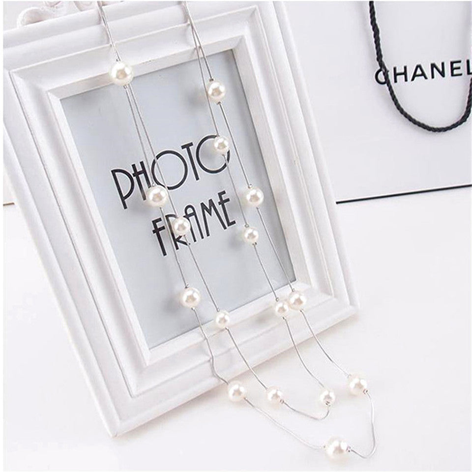 New 2020 fashion simple double layers chain simulated pearl charm pendant necklace Cute love long sweater necklaces for women