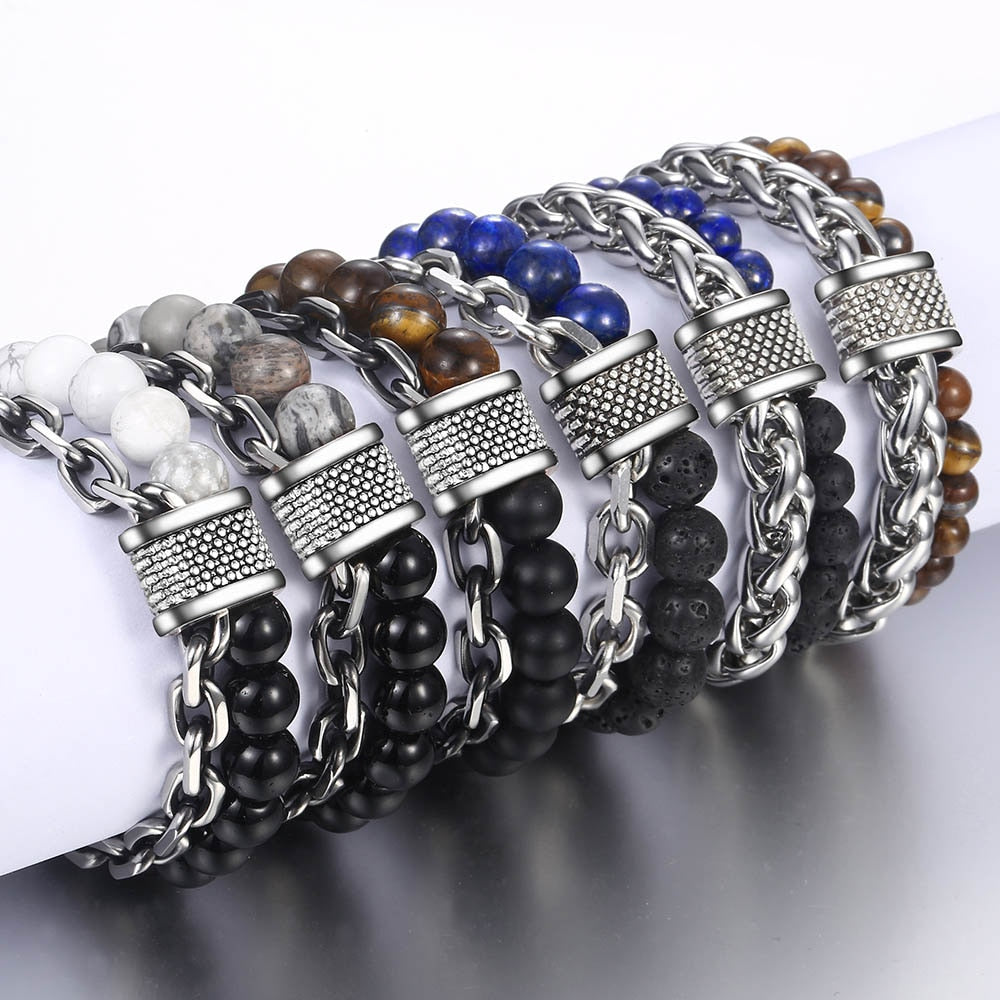 2021 Men's Tiger Eye Stone Beaded Bracelet Stainless Steel Gunmetal Link Chain Yoga Bracelet Male Jewelry